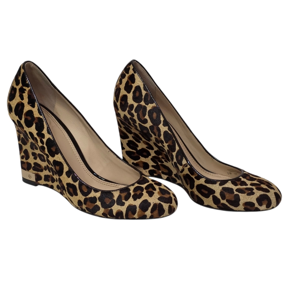 Tory Burch Astoria Leopard Print Wedge Pumps Heels Pony Hair Gold Hardware SZ 7